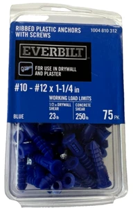 75PC Everbilt #10-12 x 1-1/4 in Ribbed Plastic Anchors w/ Drywall Plaster Screws - Picture 1 of 6