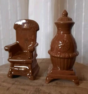 Vintage Rocking Chair & Pot Belly Stove Salt & Pepper Shakers Brown - Picture 1 of 10