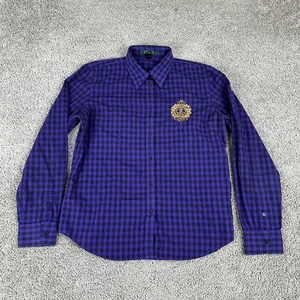 Lauren Ralph Lauren Shirt Womens Large Purple Crest Embroidered Logo Button Up - Picture 1 of 11