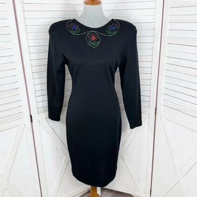 Vntg Liz Claiborne Dress 10P 8P Black Sequin Beaded V Back Wool Blend Ponte Knit - Image 1 of 4