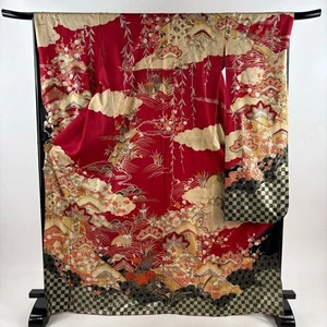 Japanischer Damen Kimono Furisode Seide Kiefer Bambus Pflaume Welle Goldfolie rot 171 cm - Bild 1 von 9
