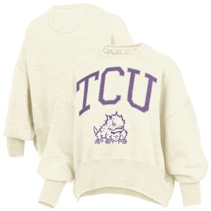 Women's Pressbox Natural TCU Horned Frogs Oversized Waist-Length Crewneck - Picture 1 of 3