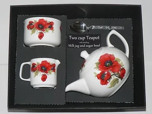 Poppy 2 cup teapot,Milk & Sugar gift boxed. Teapot, matching milk and sugar - Picture 1 of 2