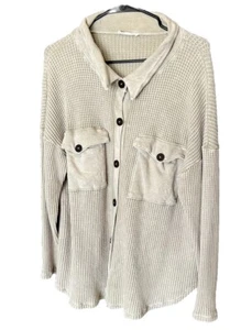 Bucketlist Button down waffle knit sweatshirt womens M Beige Khaki Tan - Picture 1 of 8