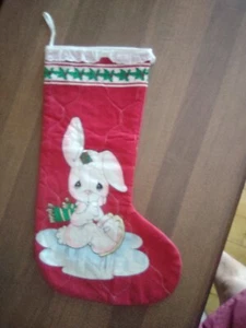 Vintage handmade quilted Bunny Christmas stocking lace trim Cottage Core - Picture 1 of 2