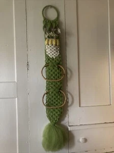 Vintage Bright Lime Green Macrame Double Towel Holder With Wood Beads 31”x4” - Picture 1 of 5