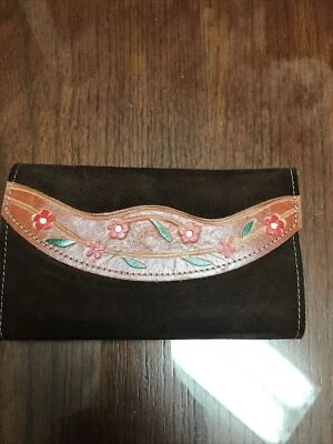 Vintage 1970’s Suede/leather Hippy Tooled Flowers Wallet Brown - Image 1 of 4