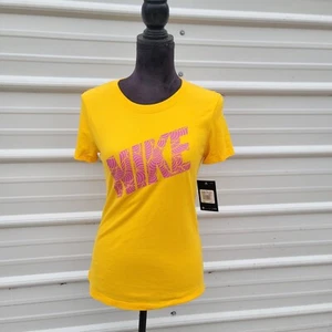 NWT NIKE DRI-FIT RUNNING WOMEN'S SHORT SLEEVE T-SHIRT Gold Yellow Pink Top XS - Picture 1 of 9