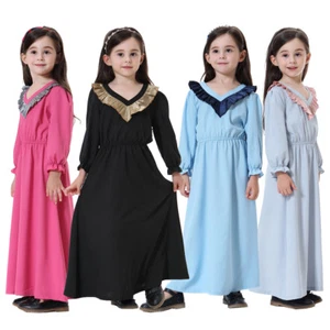Girls Kids Muslim Long Dress Abaya Islamic Kaftan Girls Robe Ramadan Gown Prom - Picture 1 of 52