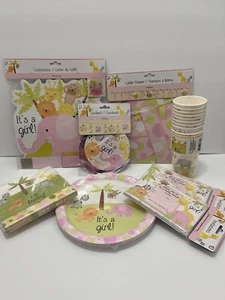 Elephant-Jungle Baby Shower Decorations for Girl 9 Pcs IT'S A Girl Tableware NEW - Picture 1 of 8