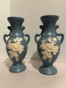 Vintage Weller Pottery Blue Vases with White Roses 10" tall ~Set of Two(2) - Picture 1 of 12