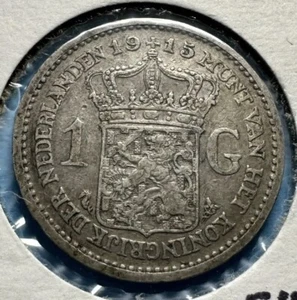 1915 Netherlands 1 Gulden - Queen Wilhelmina I - .945 SILVER - KM#148 - Rare - Picture 1 of 2