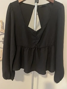SANCTUARY Womens Black Long Sleeve  Blouse V Neck Top Sz M Peplum Waist #571 - Picture 1 of 12