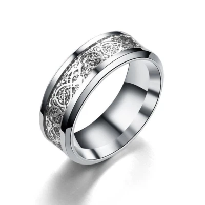 8 mm Stainless Steel Silver Dragon Silver Inlay Engagement Ring Sizes 7 - 12 - Image 1 of 3