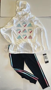 Adidas Little Girls 2-pc. Legging Set Sz 5 White Hooded Black 3 Stripe Pant NWT - Picture 1 of 5