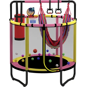 Kids Trampoline Basketball Hoop,55'' Indoor Outdoor Enclosure Net, Swing, Pk/Yw - Picture 1 of 10