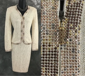 BEAUTIFUL St John evening knit ivory gold rhinestone embellished skirt suit 2 4 - Picture 1 of 9