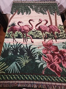 Vtg 56x46 Inch Pink Flamingos Fringed Throw Blanket Nature - Picture 1 of 3