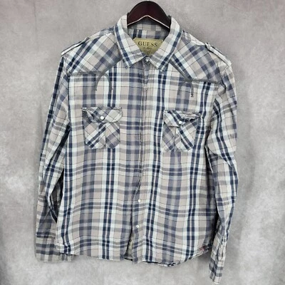 Guess Western Shirt Mens Medium Plaid Pearl Snap Cowboy Rodeo Rancher Epaulettes - Image 1 of 4