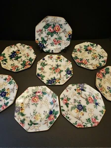 8- Crown Ducal Ascot Chintz 6 in bread & butter/ dessert plates - Picture 1 of 12