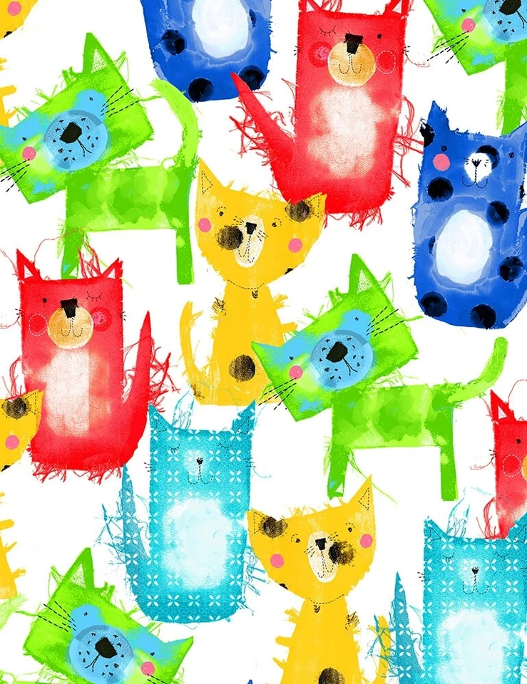 Animal Fabric - Scrappy Rainbow Cat on White - Timeless Treasures YARD - Image 1 of 1