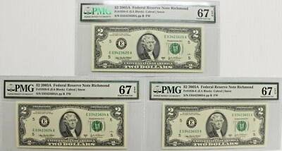 (3) $2 2003A FRN Richmond FR# 1938-E PMG 67 Superb Gem UNC EPQ, EA Block, Consec - Image 1 of 4