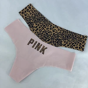 2 X Victoria's Secret PINK Nude Leopard Print No Show Thongs - Size XL - BNWT - Picture 1 of 4