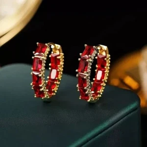 3Ct Emerald Cut Lab Created Red Ruby Huggie Hoop Earrings 14K Yellow Gold Plated - Picture 1 of 8