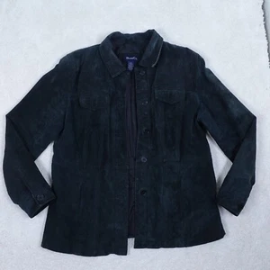 Denim & Co Black Suede Leather Button Jacket Womens Large Fully Lined VTG - Picture 1 of 16