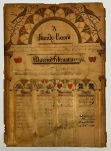 Antiguo ARTE POPULAR PINTADO Registro Familiar - CROSBY Putnam NUEVA YORK - Pájaros y Corazones - Imagen 1 de 12