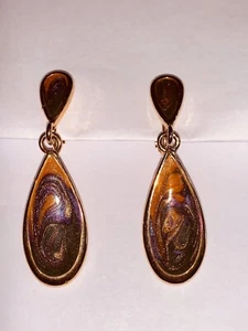 1980's Beautiful 2" Purple Yellow Enamel Gold Dangling Vintage Clip On Earrings - Picture 1 of 7