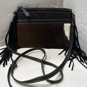 Bolso Bandolera Vaquera Occidental Gamuza Genuina Cuero Negro Cuero de Vaca Tooled Flecos - Imagen 1 de 11