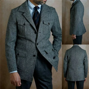 Wool Blend Men's Suit Gray Jacket Pants Tweed Vintage Hunting Business Blazer - Picture 1 of 11