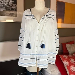 J. Jill Bauerntop weiß blau Borte Bohemian Frühling Sommer 100 % Baumwolle MEDIUM - Bild 1 von 8