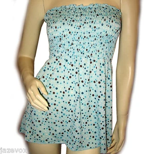 Vintage Y2K Trixxi Strapless Smocked Bandeau Tube Top S Polka Dots Made USA Blue - Picture 1 of 9