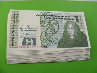 Irish 1989 One Pound Banknotes Ireland £1 Note Uncirculated From Brick Foto 1 de 4