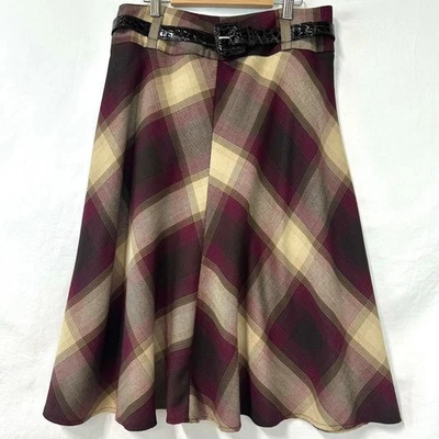DRESSBARN бордовый желтовато-коричневый клетку линия Midi юбка подпоясанный женщин 8 ретро опрятный осени - Изображение 1 из 4