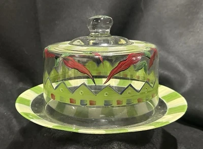 Cloche de queso de vidrio pintado a mano vintage con plato. Pimientos picantes Foto 1 de 4