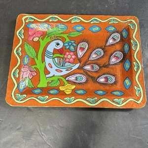 Vtg Mexican Folk Art Peacock Amate Bark Pressed Paper Tray Wall Hanging 10x13 - Picture 1 of 10