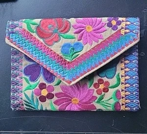 Embroidered Floral Clutch Purse W/cloth Strap Zipper Snap Mexican Cabo Style - Picture 1 of 6