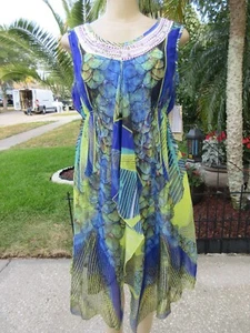 NWT One World Dress XL Peacock Print Beaded Neck Sleeveless Hi-Low Multicolor - Picture 1 of 15