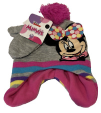 Disney Minnie Mouse Pom Hat and Mitten Set Ear Flaps Pink Gray Toddler 2T-4T