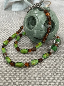 Lampwork Glas grün und Bernstein Perlen Halskette 23" - Bild 1 von 5