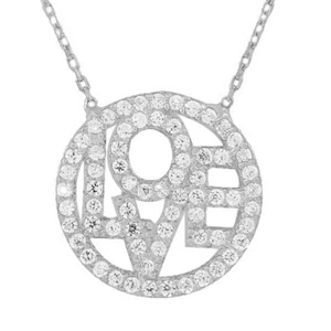Sterling Silver Love Heart Circle Charm White Crystals CZ Pendant Necklace - Picture 1 of 3