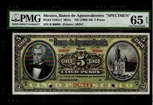  MEXICO 1902-1910 5 Pesos Banco de Aguascalientes SPECIMEN  BANKNOTE #MA-BN-1