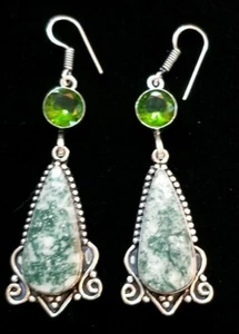 94974. Tree Agate Peridot Handmade 925 Silver Ethnic Drop Dangle Earrings 2.8" - Picture 1 of 5