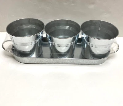 Juego de 3 macetas pequeñas de metal galvanizado con bandeja, organizador de almacenamiento Foto 1 de 4