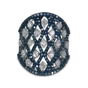 Sterling Silver Round Natural White Blue Diamond Wide Lace Cocktail Ring 2.29 ct - Picture 1 of 5