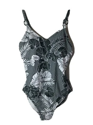 Kona Sol 女式连体泳衣 M 码黑色白叶印花衬垫可调节 — 第 1/4 张图片