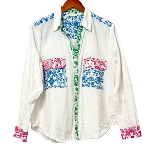 Roberta Roller Rabbit Button Down Shirt Cotton White Floral Tropical EUC Size L - Picture 1 of 9